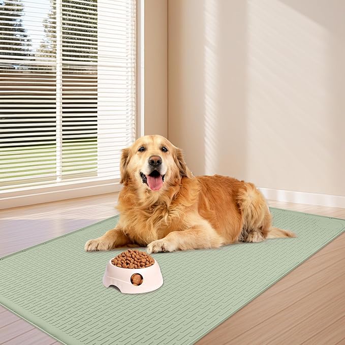 Dog Food Mat 57''x40'' Extra Large Dog Mat for Food and Water, Green | Silicone Dog Bowl Mat with Raised Edge, Waterproof Non-Slip Pet Feeding Mat for Floors, fit for Dog Cat Bowls - Image 6
