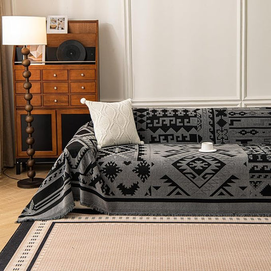 VClife Boho Couch Cover, Aztec Sofa Cover for Dog, Non Slip Washable Couch Covers for 3 Cushion Couch Sofa, Reversible Triangle Geometric Futon Cover Furniture Protector (Black-Grey, 71" x 134") by VCLIFE