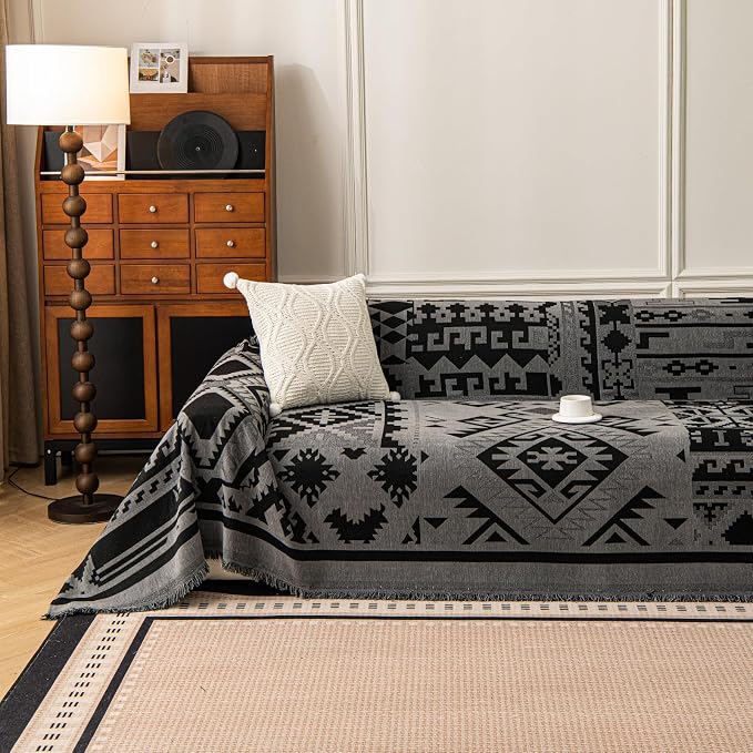VClife Boho Couch Cover, Aztec Sofa Cover for Dog, Non Slip Washable Couch Covers for 3 Cushion Couch Sofa, Reversible Triangle Geometric Futon Cover Furniture Protector (Black-Grey, 71" x 134") by VCLIFE