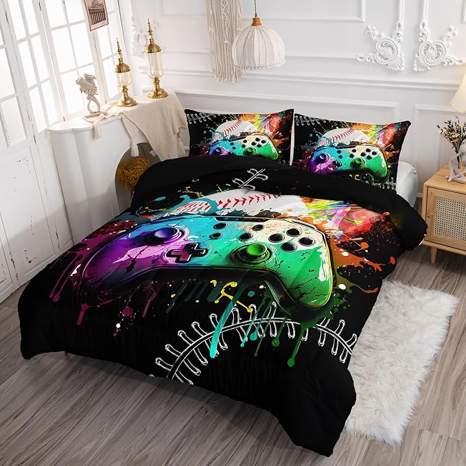 Kids Comforter Set Gamepad Baseball Printed Pattern Bedding Set with 1 Comforter and 2 Pillowcases for Girls Boys Bedroom All Season(Gamepad Baseball Twin) - Image 3