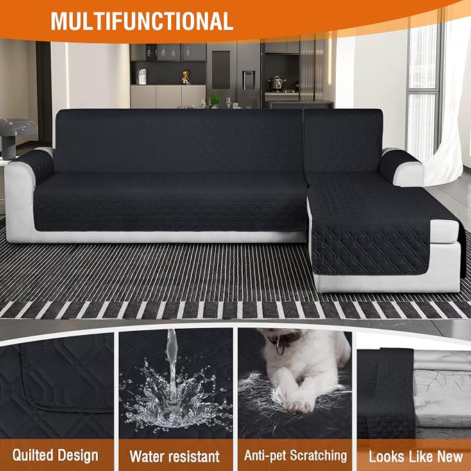 VANSOFY Sectional Couch Covers 100% Waterproof L Shaped Sofa Slipcover 3pcs Reversible Chaise Lounge Cover for Sectional Sofa Furniture Protector Cover for Pets Cat Dog(X-Large, Blcak) - Image 6
