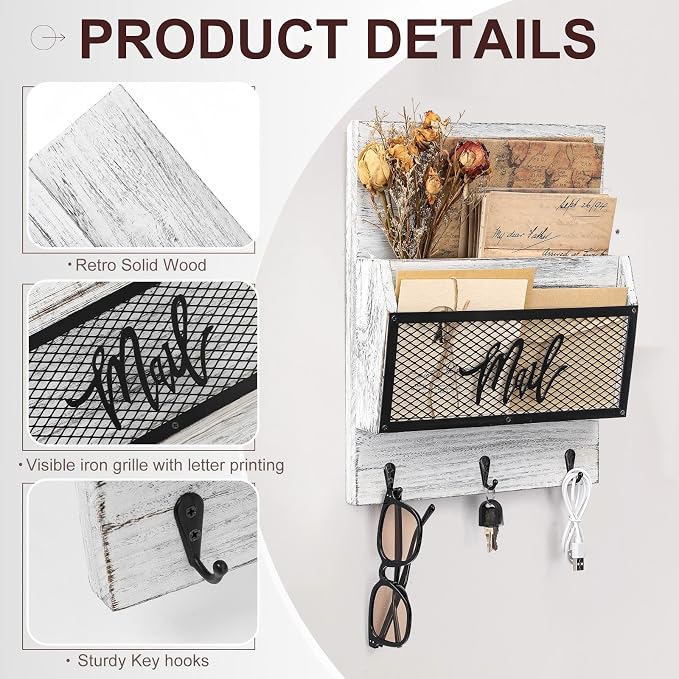 Yalikop Farmhouse Mail Organizer Wall Mounted Rustic Mail Holder Hanging Key Sorter with 3 Hooks Indoor Wooden Wall Mounted, Letter, Magazines, Newspapers, Keys(Classics,White Gray) - Image 3
