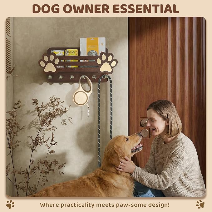 MTERSN Acacia Wood Dog Leash Holder for Wall - Fun Paw Key Holder Wall Mount with Floating Shelf and 6 Hooks- Retro Mail & Dog Accessories Organizer for Room Decor(Dark Acacia Wood) - Image 3