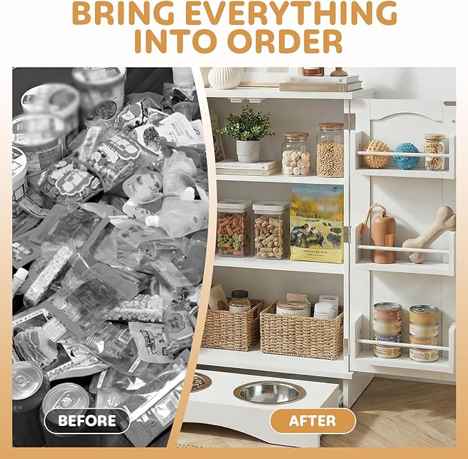 Dog Storage Cabinet with Bowls, Pet Food Storage Cabinet with Adjustable Shelves, Hidden Dog Feeding Station with Hooks, Letter Stickers, Pet Storage Organizer for Cats and Dogs - Image 5