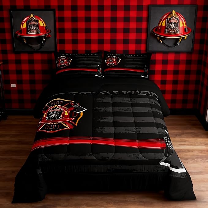Firefighter Comforter Set Queen Size,American Flag Geometric Stripes Bedding Set,Boys Girls Adults Room Decor,Fire Fighting Truck Tools Down Comforter,Red Black Fashion Duvet Insert,2 Pillowcases - Image 2