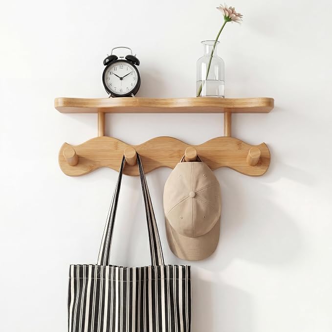 Wave-Shaped Bamboo Coat Rack Wall Mount with Shelf - Modern 4-Hook Rack | Modern Sculptural Wave Decor, Organic Wood Wall Mounted Rack with Storage Shelf, Heavy-Duty Hanging for Entryway & Bedroom by Unknown