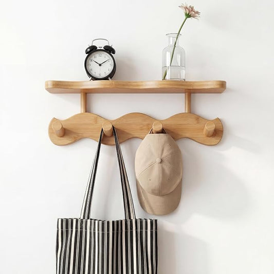 Wave-Shaped Bamboo Coat Rack Wall Mount with Shelf - Modern 4-Hook Rack | Modern Sculptural Wave Decor, Organic Wood Wall Mounted Rack with Storage Shelf, Heavy-Duty Hanging for Entryway & Bedroom by Unknown