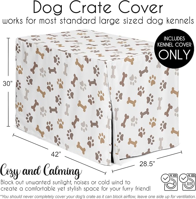 Sweet Jojo Designs 42in. Medium/Large Dog Crate Cover (Bones and Paw Prints) Pet Cage, Kennel Covers (Modern, Cartoon, Doggy, Puppy, Neutral, Paws Print, Whimsical, Brown, Tan, Grey, Taupe and White) - Image 5