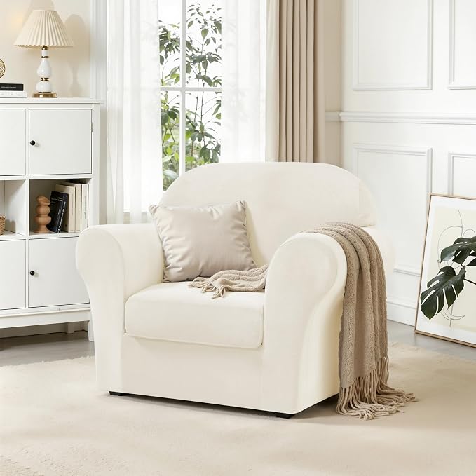CHUN YI 2 Piece Velvet Armchair Cover Couch Covers 1 Cushion, Water Resistant Chair Slipcover with Arms, Non Slip High Stretch Thick Furniture Protector for Dogs Pets, Small, Ivory White - Image 3