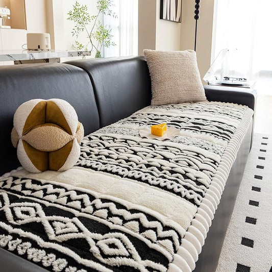 VClife Boho Couch Cover, Soft Fuzzy Couch Covers for Dog, Non-Slip Furniture Protector, Washable Durable Sofa Covers for Couch/Bench, Tribal White Black Geometric Slipcover, 27.6" x 70.9" by VCLIFE