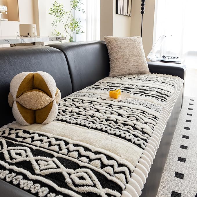 VClife Boho Couch Cover, Soft Fuzzy Couch Covers for Dog, Non-Slip Furniture Protector, Washable Durable Sofa Covers for Couch/Bench, Tribal White Black Geometric Slipcover, 27.6" x 82.7" by VCLIFE