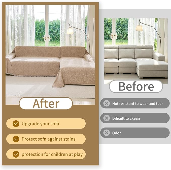 VANJOROY Boho Oversized Couch Sofa Cover for 3-4 Cushion Sectional Sofa L-Shape -Washable Chenille Couch Cover for Dogs Pets, Khaki Couch Cover Protector Soft Sofa Slipcovers with Tassel,91"x 150" - Image 8