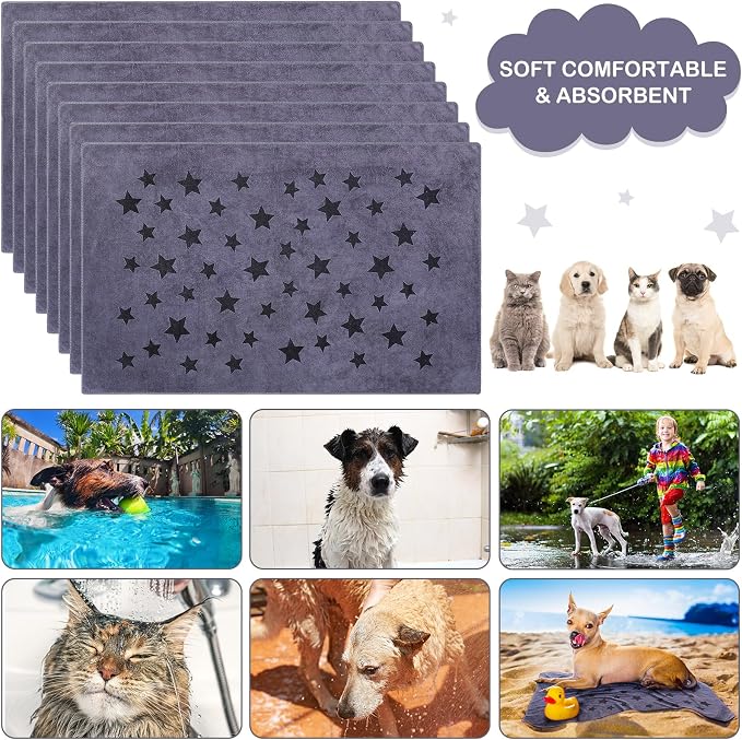 Chumia 8 Pcs Microfiber Dog Towels for Drying Dogs Cats 40 x 24 Inch Pet Towels Bulk for Large Puppy Absorbent Fast Drying Paw Bath Bathing Supplies for Pets(Star,Gray) - Image 6