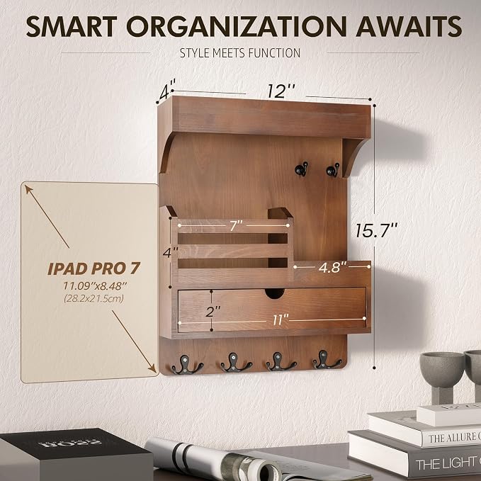 Rebee Vision Key Holder Wall Mount with Drawer Organizer for Entryway,Brown | Pine Wood, 6 Key Hooks, Display Shelf for Plants, Mail Slot for Storage Letter, Multi-Funtional Design, Home Storage - Image 2