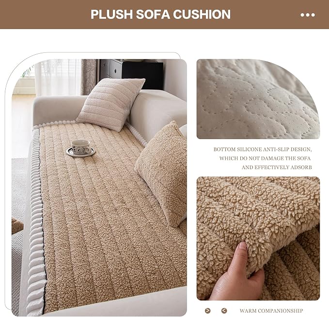 DREAMINGO Non Slip Couch Cover for Dogs Fuzzy Pet Sofa Covers Washable Thick Plush Sofa Slipcover Striped Texture Khaki Cushion Protector Dog Cat Bed Mat 27.6x70.9 Inch - Image 4
