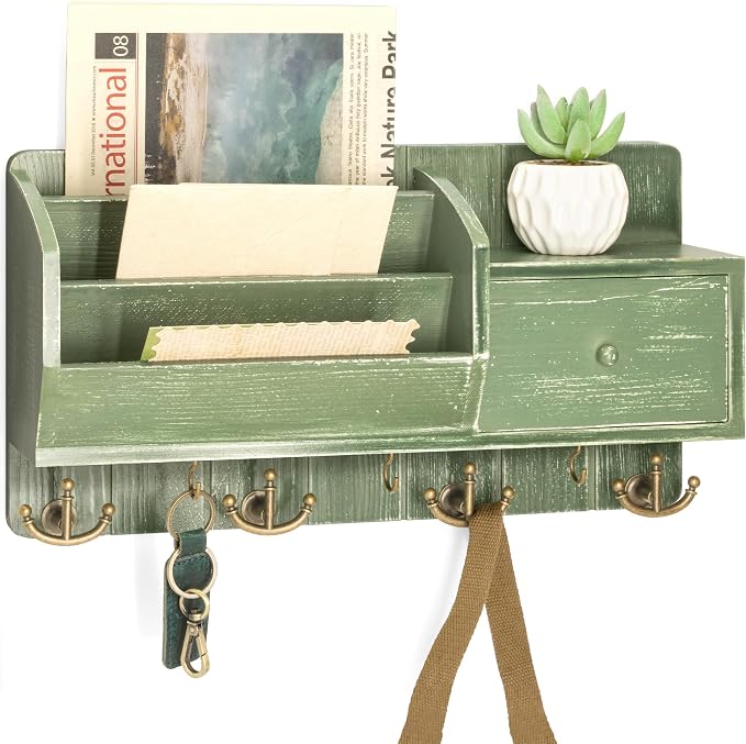Rebee Vision Key Holder Wall Mount with Mail Sorter for Room Decor, Green | Pine Wood Key Holder for Wall with Drawer Storage, 7 Hanging Hooks, Rustic Apartment Essentials for Home Improvement by REBEEVISION