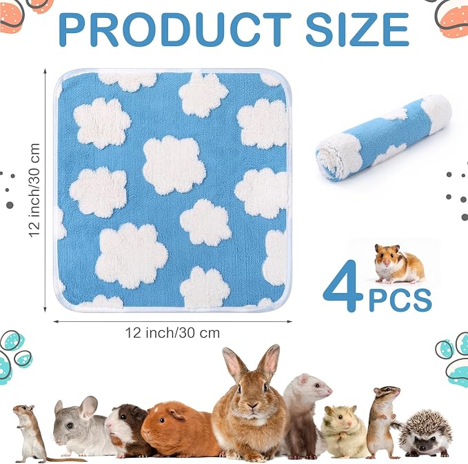 Reginary 4 Pcs Waterproof Guinea Pig Blankets Washable Small Animal Fleece Bedding Guinea Pig Cage Liners Reusable Training Pads Pet Pee Pad Sleep Mat for Hamster (White Clouds,12 x 12 Inch) - Image 3