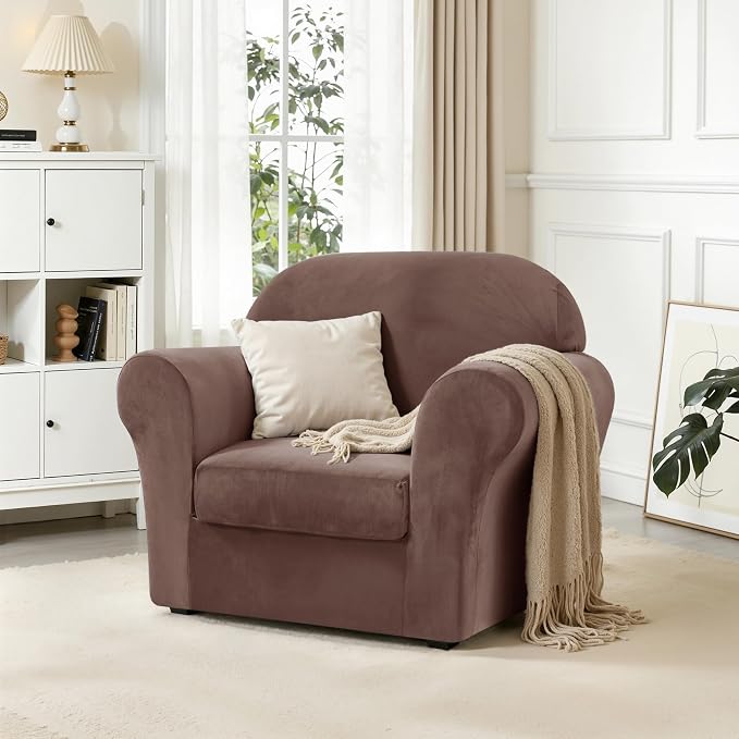 CHUN YI 2 Piece Velvet Armchair Cover Couch Covers 1 Cushion, Water Resistant Chair Slipcover with Arms, Non Slip High Stretch Thick Furniture Protector for Dogs Pets, Small, Brown - Image 3