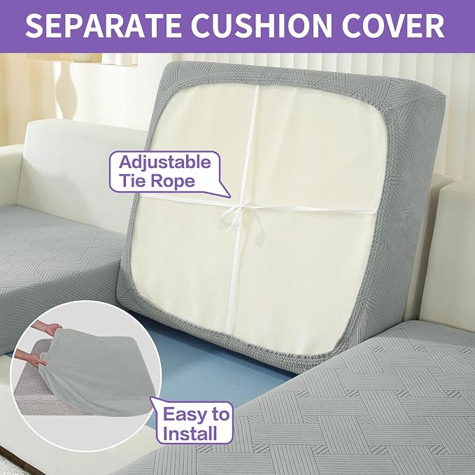 ZNSAYOTX 4 Piece Stretch XL-Sofa Covers (91"-110") for 3 XL Cushion Couch, Thick Couch Cover with Elastic Band Bottom Ties Non-Slip Stay in Place, Soft Durable Oversized Slipcovers, Light Grey - Image 4