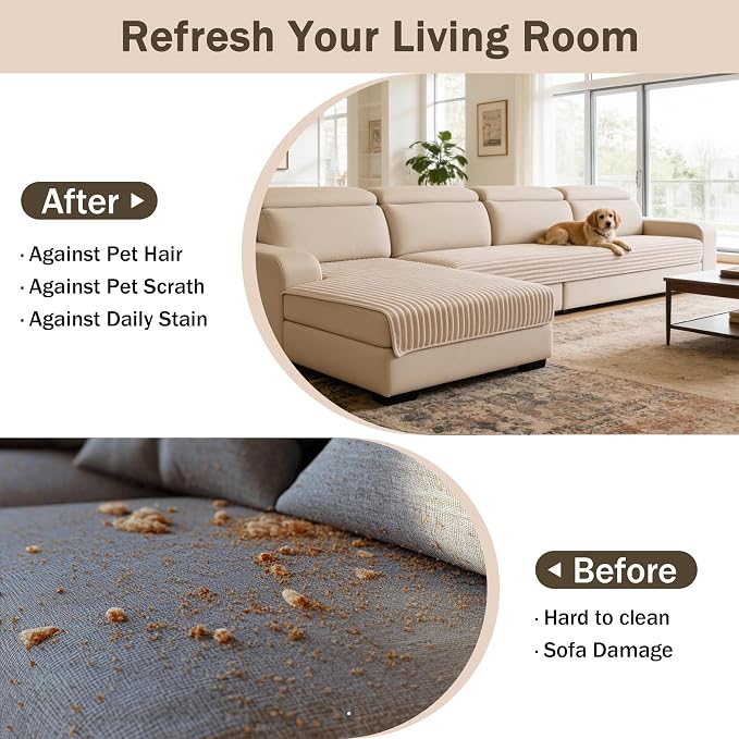 MEETSKY Sectional Sofa Covers, 2 Pieces 100% Waterproof Anti Slip Couch Cover for Dogs, Leather Couch Covers for 2 Cushion L Shape, Soft Sofa Covers for Pets Washable, Khaki,Large, 35"x63"+35"x63" - Image 7
