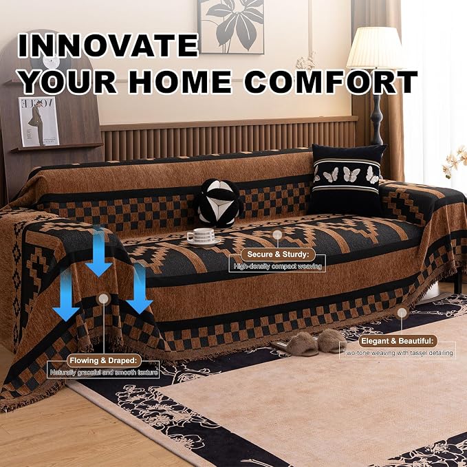 ROOMLIFE Dark Brown Couch Cover 3 Cushion Sofa, Washable Non Slip Furniture Sofa Protector Cover, Soft Chenille Sofa Slipcovers Sectional L Shape Dogs Couch Cover Throw Blanket with Tassels71''X118'' - Image 3
