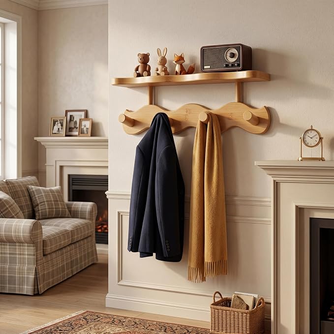 Wave-Shaped Bamboo Coat Rack Wall Mount with Shelf - Modern 4-Hook Rack | Modern Sculptural Wave Decor, Organic Wood Wall Mounted Rack with Storage Shelf, Heavy-Duty Hanging for Entryway & Bedroom - Image 8