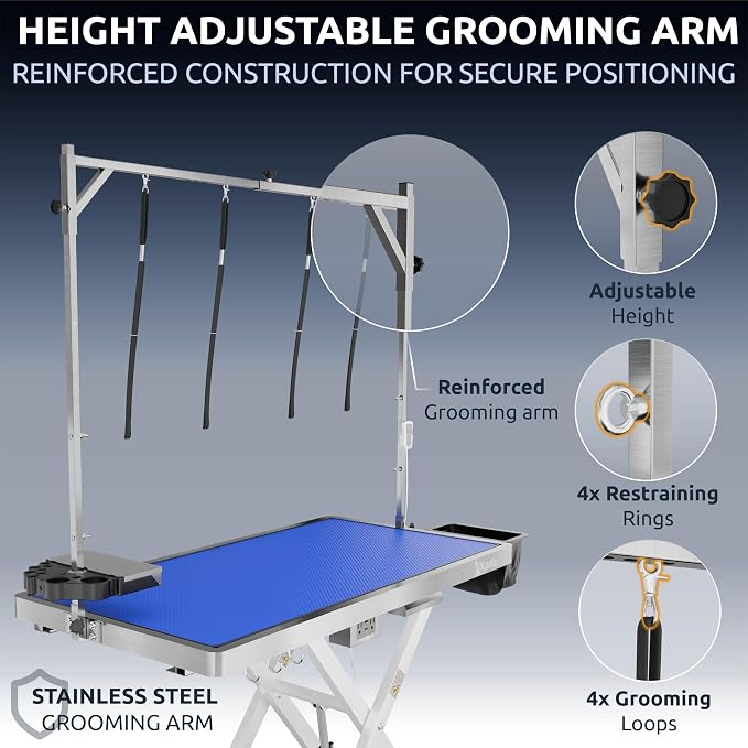 KANIS Professional Electric Dog Grooming Table - Heavy Duty | Height Adjustable Pet Grooming Table w/Leveling Wheels, Dog Grooming Arm, Anti-Slip Tabletop & Tool Organizer (White, 49") - Image 7