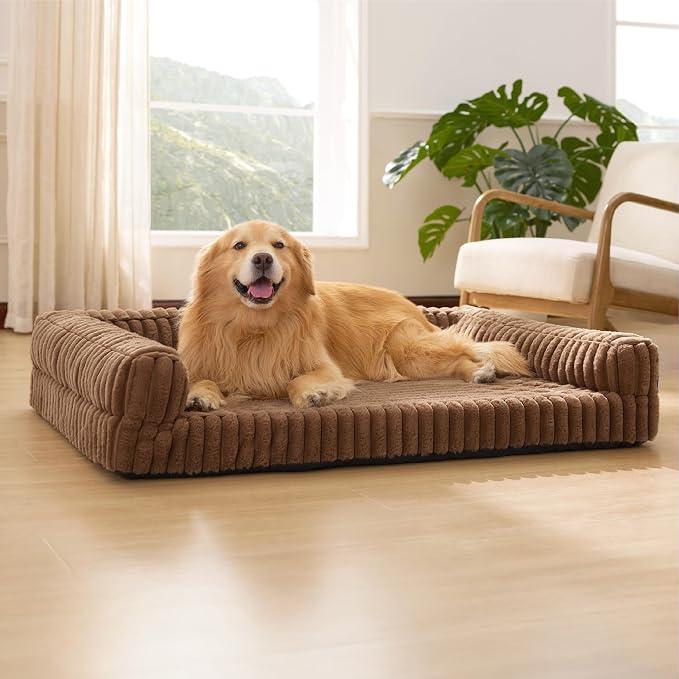 Bedsure ComfyFleece™ Orthopedic Dog Beds for Extra Large Dogs, Waterproof Memory Foam XL Pet Bed with Sides, Non-Slip and Egg-Crate Foam Big Dog Couch Sofa with Washable Corduroy Cover, Brown by Unknown