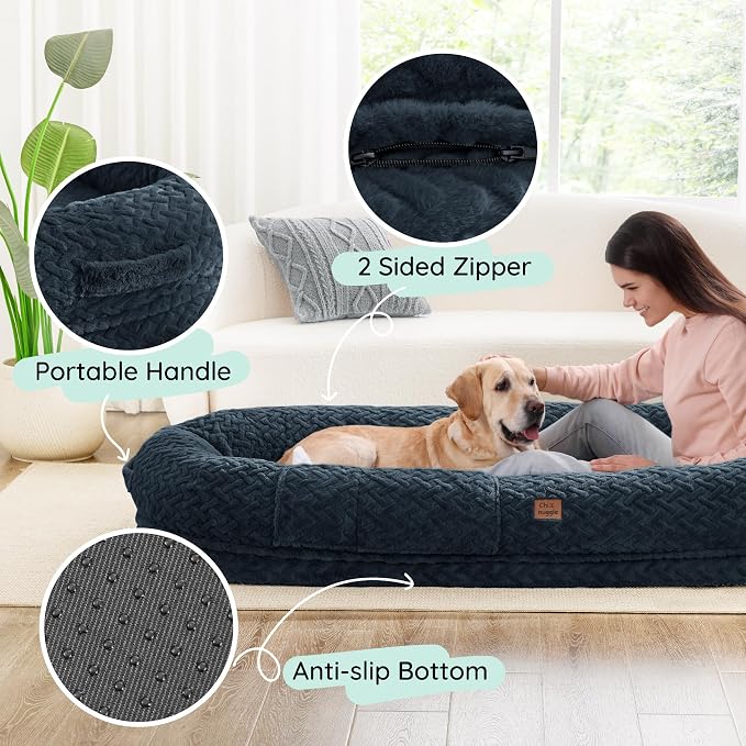 ChiXnuggle Orthopedic Human Dog Bed,with Faux Fur Washable Cover,Blanket | navy,72*40*10,giant dog bed for adult or extra large dogs,egg crate foam,non-slip bottom - Image 5