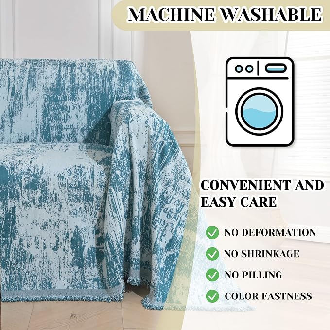 MEETSKY Small Couch Cover Oversized Chair Cover Washable Boho Recliner Slipcover, Pet Friendly Couch Protector with Tassels, Abstract Geometric Design, 71" x 91", Blue - Image 4