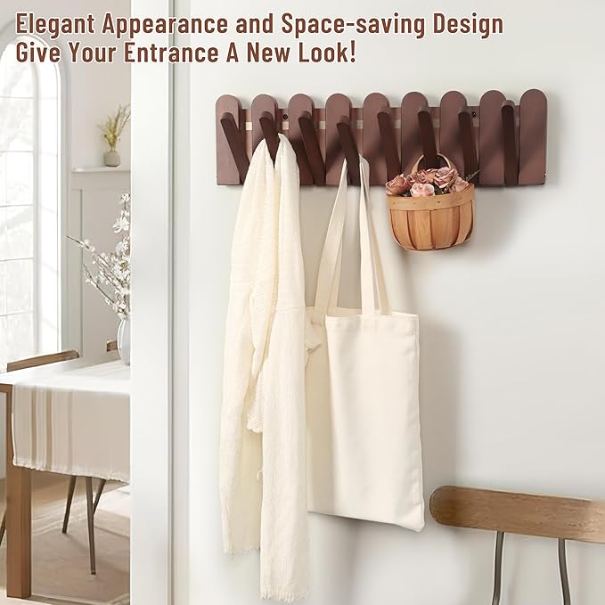 Wall Coat Rack for Entryway: Folding Wood Modern Heavy Duty 8 Hooks | 21.6'' Wall Mounted for Mid Century Home Decor Bathroom Bedroom Hallway for Hanging Towel Jacket Backpack Bag - Image 4