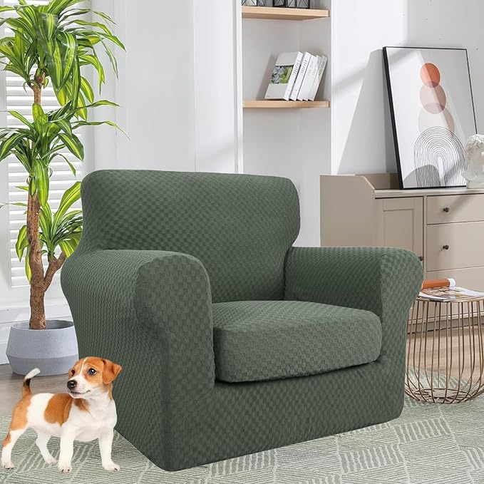 YEMYHOM Latest Checkered 2 Pieces Chair Covers for Living Room High Stretch Thickened Chair Slipcovers with Arms Anti Slip Elastic Armchair Sofa Couch Protector (Army Green), 31"-46"(1 Cushion) - Image 2