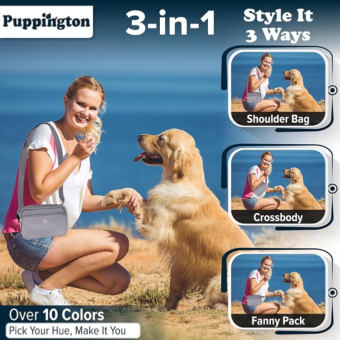 Puppington 3-in-1 Crossbody & Dog Treat Pouch for Pet Training - Matching Compostable Poop Bags, Built-In Poop Bag Dispenser & Slow-Feeding Travel Dog Bowl - Dog Walking Bag (Charcoal Gray) - Image 2