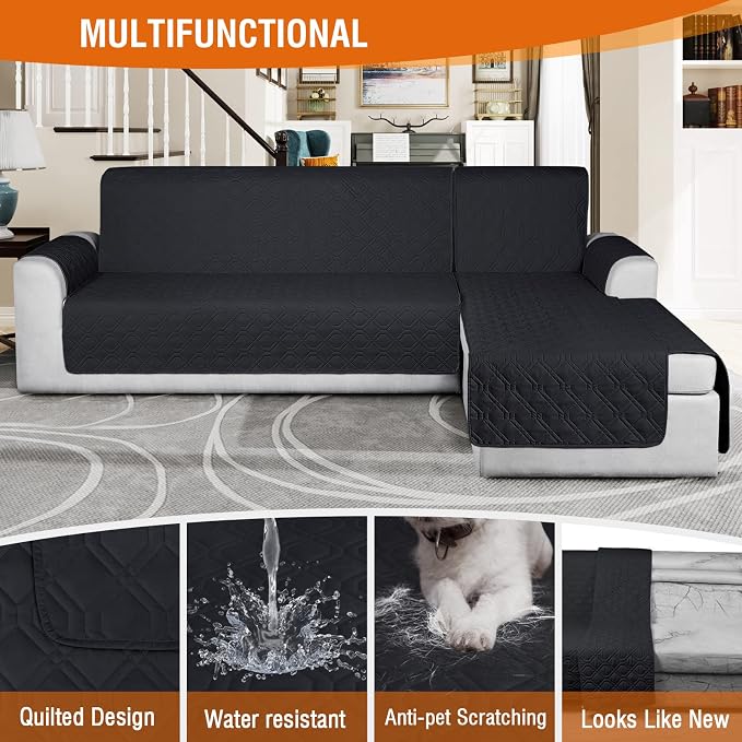 VANSOFY Sectional Couch Covers 100% Waterproof L Shaped Sofa Slipcover 3pcs Reversible Chaise Lounge Cover for Sectional Sofa Furniture Protector Cover for Pets Cat Dog(Large, Blcak) - Image 6