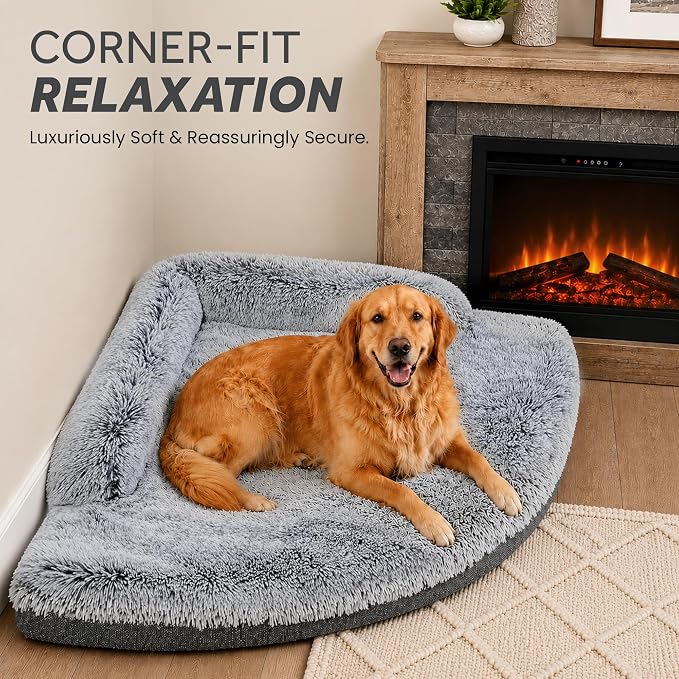 Corner Dog Bed Large, 39" Calming Fluffy Orthopedic Pet Beds, Grey | Space saving plush corner nest,egg-crate foam, washable cover, waterproof liner, non-slip bottom and bolsters for large dogs - Image 2