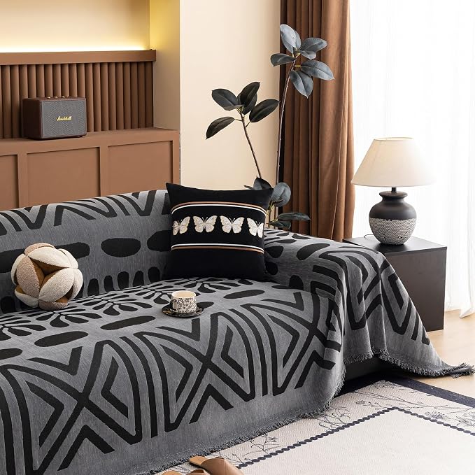 VClife Bohemian Sofa Cover Washable, Non Slip Chenille Couch Cover for 3 Cushion Couch Sofa Pet Furniture Protector Modern Tribal Black Gray Sofa Slipcover for Loveseat and Sectional Couch 71''x134'' - Image 9