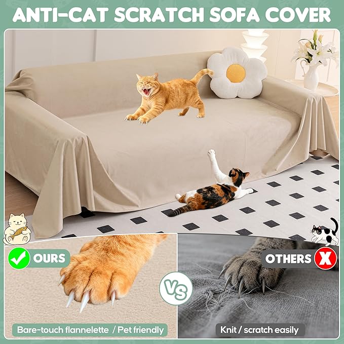 LOllON Cat Scratch Couch Cover Waterproof 134"x91" Non-Slip | Pet-Friendly Couch Protector, Anti-Scratch & Waterproof Sofa Cover For Cats Dogs Kids, Machine Washable - Image 3