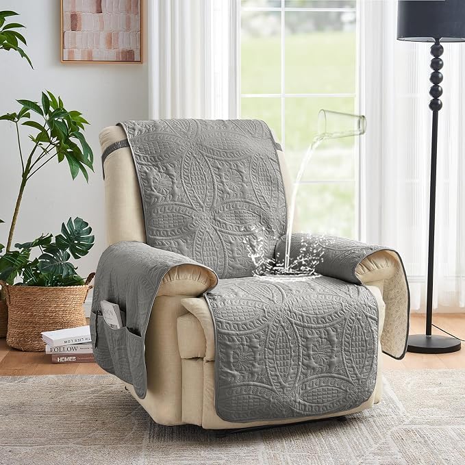 Gray Recliner Chair Covers, Quilted Décor Water-Repellent Medium Lazy Boy Chair Covers, Pet Friendly Recliner Cover for Dogs Cats, Washable Couch Cover (Recliner 26", Cool Gray) - Image 2
