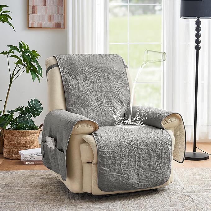 Gray Quilted Recliner Chair Covers, Waterproof Recliner Slipcovers, Lazy Boy Chair Covers, Pet Friendly Recliner Cover for Dogs Cats, Washable Furniture Protector (Recliner 22", Cool Gray) - Image 2