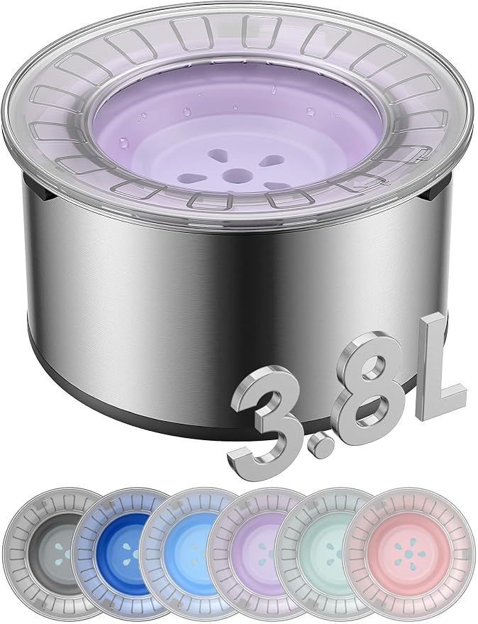 Heouvo 1 Gallon No Spill Dog Water Bowl with Slow Drinking Disk(Purple) | Splash-Proof Lid + Stainless Steel Bowl/Rubber Bottom/Slobber Stopper Water Bowl for Large Sloppy Messy Drinkers Reduce Mess by Heouvo