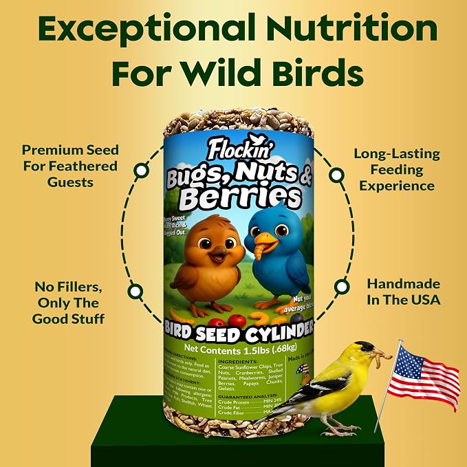 Bugs, Nuts & Berries Bird Seed Cylinders with Hole - USA Made (4" x 7.75") | Mealworms, Nuts & Berries Blend, Protein Rich, Cylinder Bird Seed, No Filler, Attract Wild Birds, Natural Ingredients, 1.5lbs - Image 3