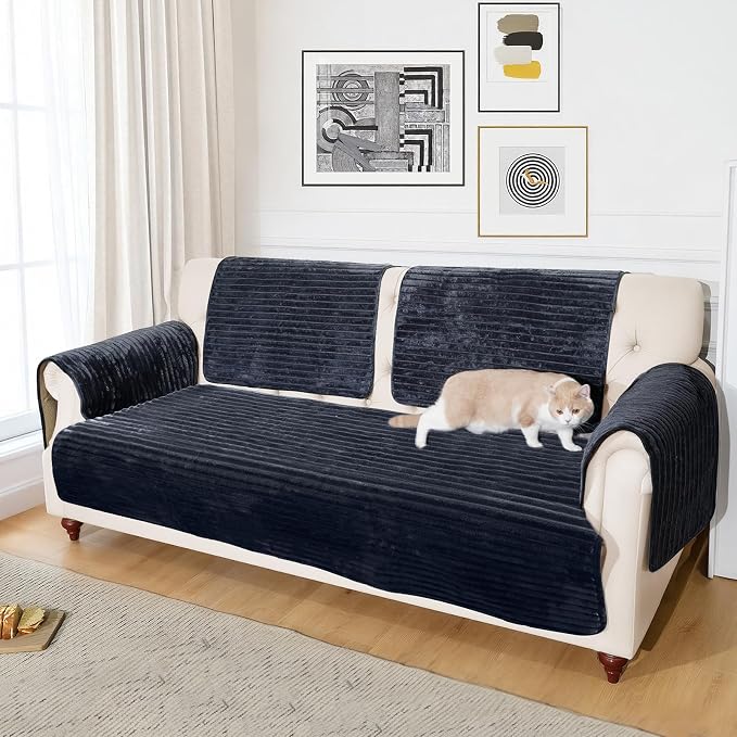 NAISI Couch Covers for Dogs Waterproof Flannel Striped Sofa Cover Pet Friendly Washable Dog Mat for Couch Anti Slip Sectional Sofa Slipcover Protector(1pc/35"x 94",Dark Navy) - Image 5