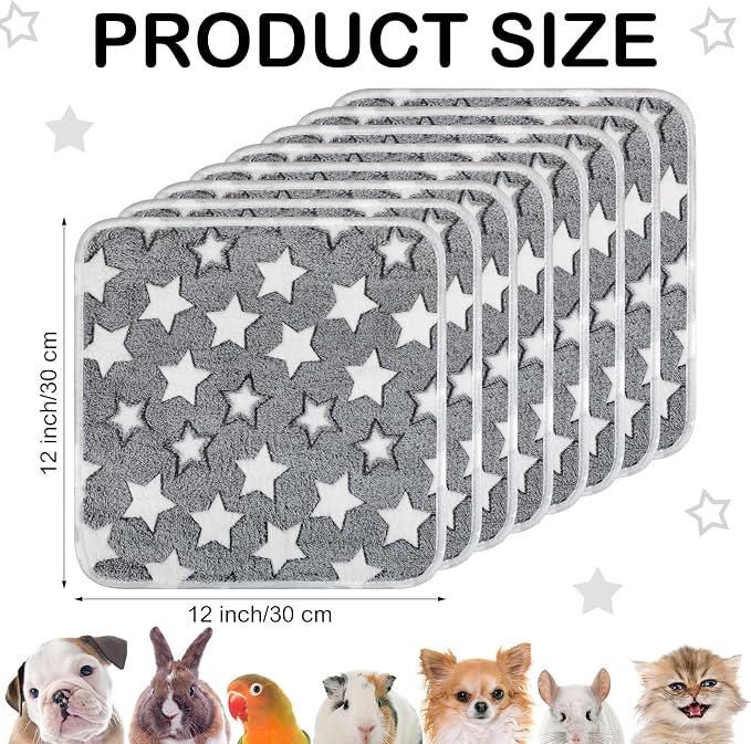 Tudomro 8 Pcs Absorbent Guinea Pig Blankets Washable Small Animal Fleece Bedding Cage Liners Reusable Pet Sleep Mat Pad Cover for Ferret Chinchilla Furniture Protection(Grey Star,12 x 12 Inch) - Image 2