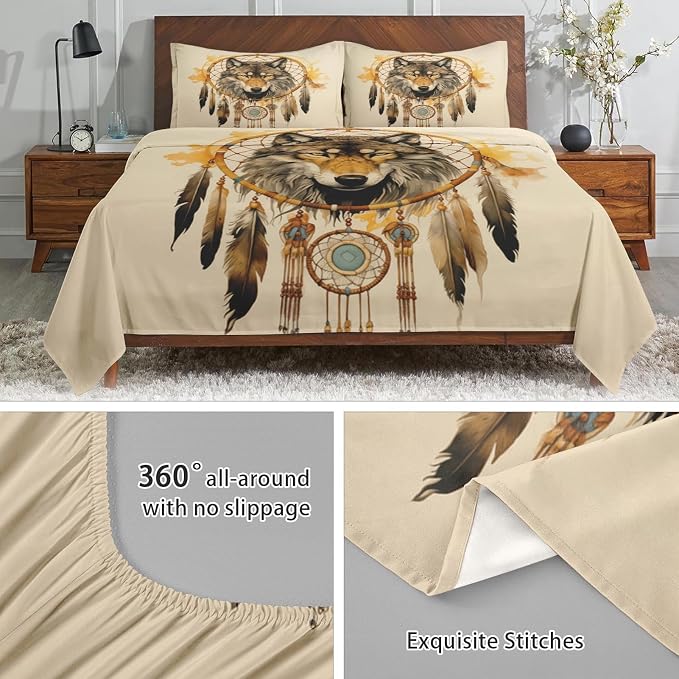 WeCozy Full Size Bed Sheet Sets with Pillowcases, Tribal Wolf 4 Pcs Soft Microfiber Bedding for Kids and Adults, American Boho Feather Dog Flat, Fitted Sheet for Bedroom Bed Decor - Image 5