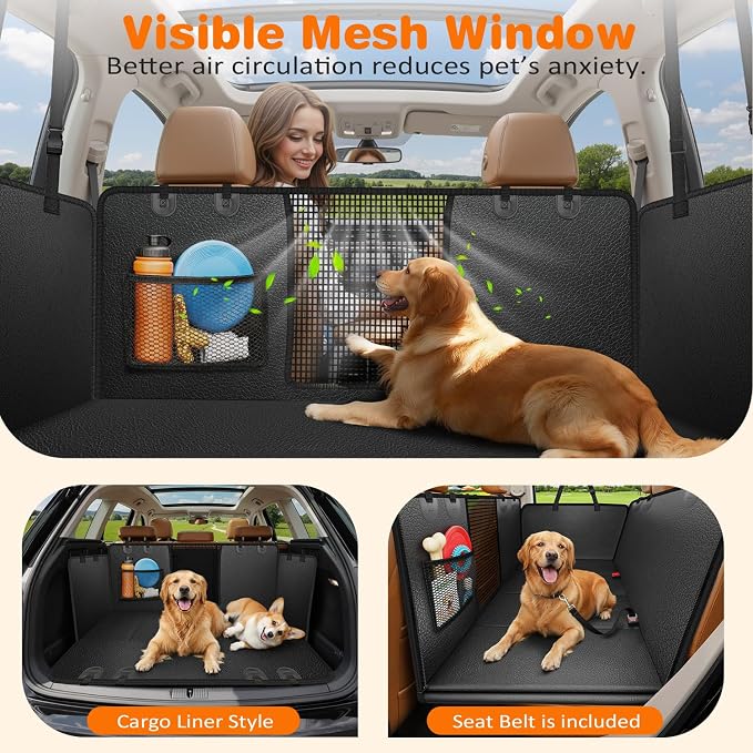 URPOWER Hard Bottom Dog Car Seat Cover for Back Seat, Waterproof Hammock | 400 lbs Support, 45% More Space, PU Leather, Waterproof, Scratch Resistant, Non-Slip, Mesh Window, Dog Seat Belt Included - Image 4