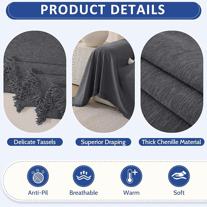 Chenille Couch Cover for Dogs, Boho Sofa Cover Washable Couch Cover, 3 Cushion Sofa Cover, Pet Throw Blankets for Couches with Tassel Furniture Protector Covers,71"×118",Dark Gray - Image 5