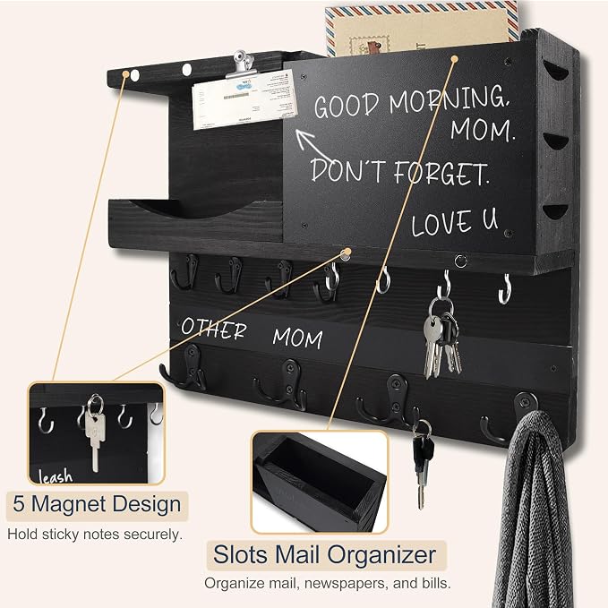 Key Holder for Wall Mount with Shelf and Mail Organizer, Key and Mail Holder with 16 Hooks, Farmhouse Entryway Organizer, Home Decor Rack (Pine Wood, Black) - Image 5