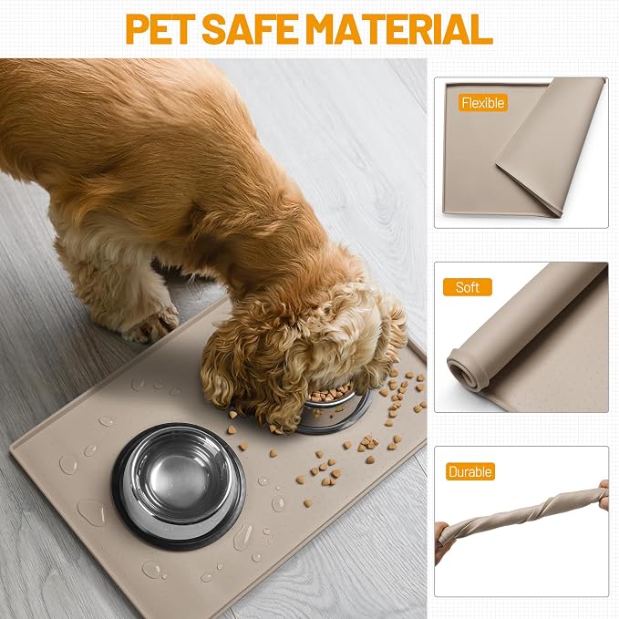 Hubulk Dog Feeding Mat,100% Waterproof Food Grade Silicone Pet Food and Water Bowl Placemat,Dishwasher, High Raised Edge to Prevent Spills,Nonslip Tray to Stop Messes on Floor（32"x24"x1.0", Taupe） - Image 5