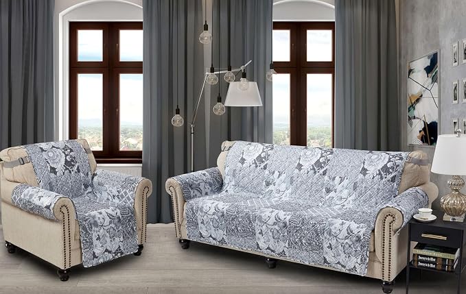 Brilliant Sunshine Multi Grey Flowers Loveseat Cover, 54" seat | Patchwork Design, Non Slip Sofa Cover, Quilted Furniture Protector, Large Washable Love Seat Slipcover for Pets, Dogs & Cats - Image 2