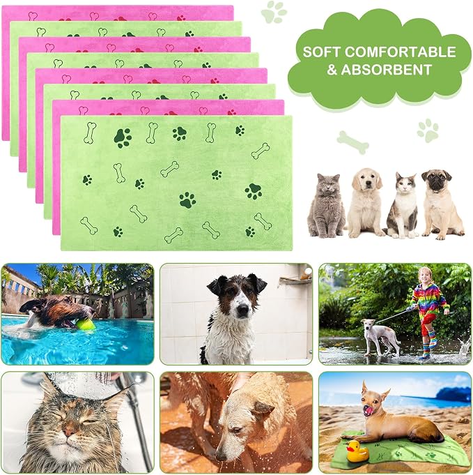 Chumia 8 Pcs Microfiber Dog Towels for Drying Dogs Cats 40 x 24 Inch Pet Towels Bulk for Large Puppy Absorbent Fast Drying Paw Bath Bathing Supplies for Pets(Dog Paw and Bone,Hot Pink,Green) - Image 6